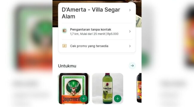 Tangkapan Layar Merchant yang menjual minuman beralkohol di aplikasi Grab.